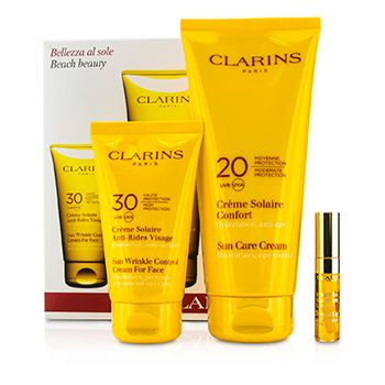 Beach Beauty Kit: Sun Wrinkle Control Cream for Face 75ml + Sun Care Cream 200ml + Lip Comfort Oil 2.8ml Clarins Image